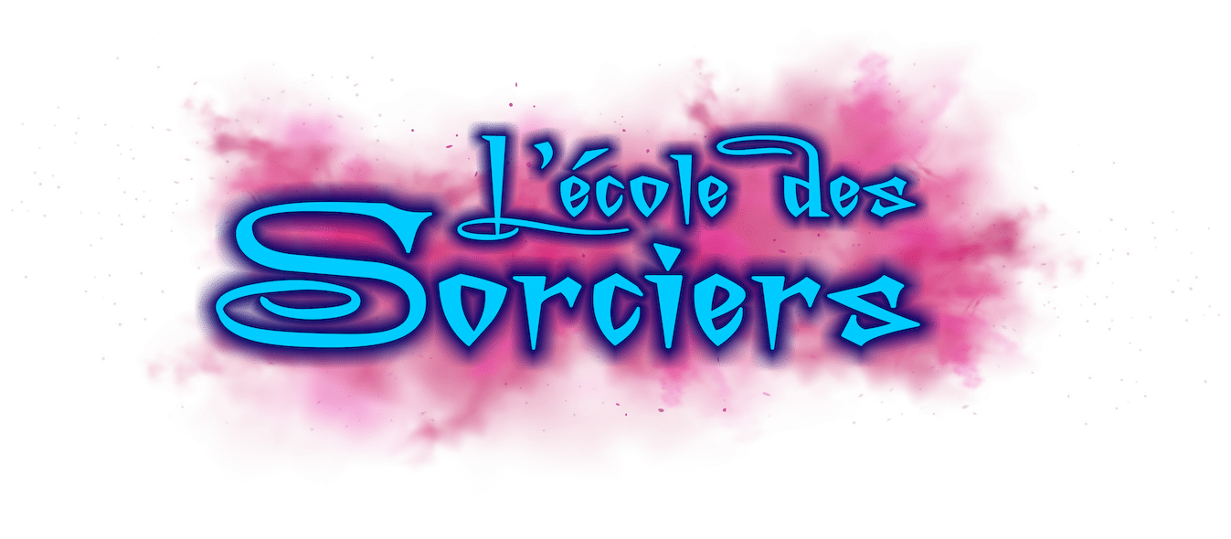 Logo lumineux bleu néon "L'école des Sorciers" sur un fond magenta vif et texturé, évoquant la magie.