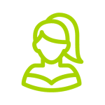 Icône Femme, Silhouette Utilisatrice, Style Sportif Vert Icône de silhouette féminine stylisée, contour vert fluo sur fond noir, cheveux attachés en queue de cheval.