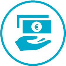 Icône bleue d'une main recevant une liasse de billets avec le symbole de l'euro (€) pour représenter un paiement ou une transaction financière.