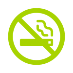 Interdiction de fumer : Panneau signalétique sans fumée Symbole d'interdiction de fumer, un pictogramme de cigarette fumante barré d'un cercle rouge et d'une diagonale, ici en couleur vert citron.