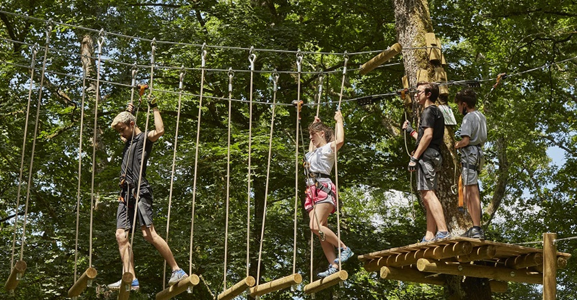 Quatre jeunes pratiquent un parcours aventure dans les arbres, traversant un pont de rondins suspendu avec harnais de sécurité.