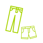 Vêtements : Pantalon et Short Icônes Vert Lime Icônes de vêtements : un pantalon long vert lime et un short assorti sur fond noir, représentant des options de bas.